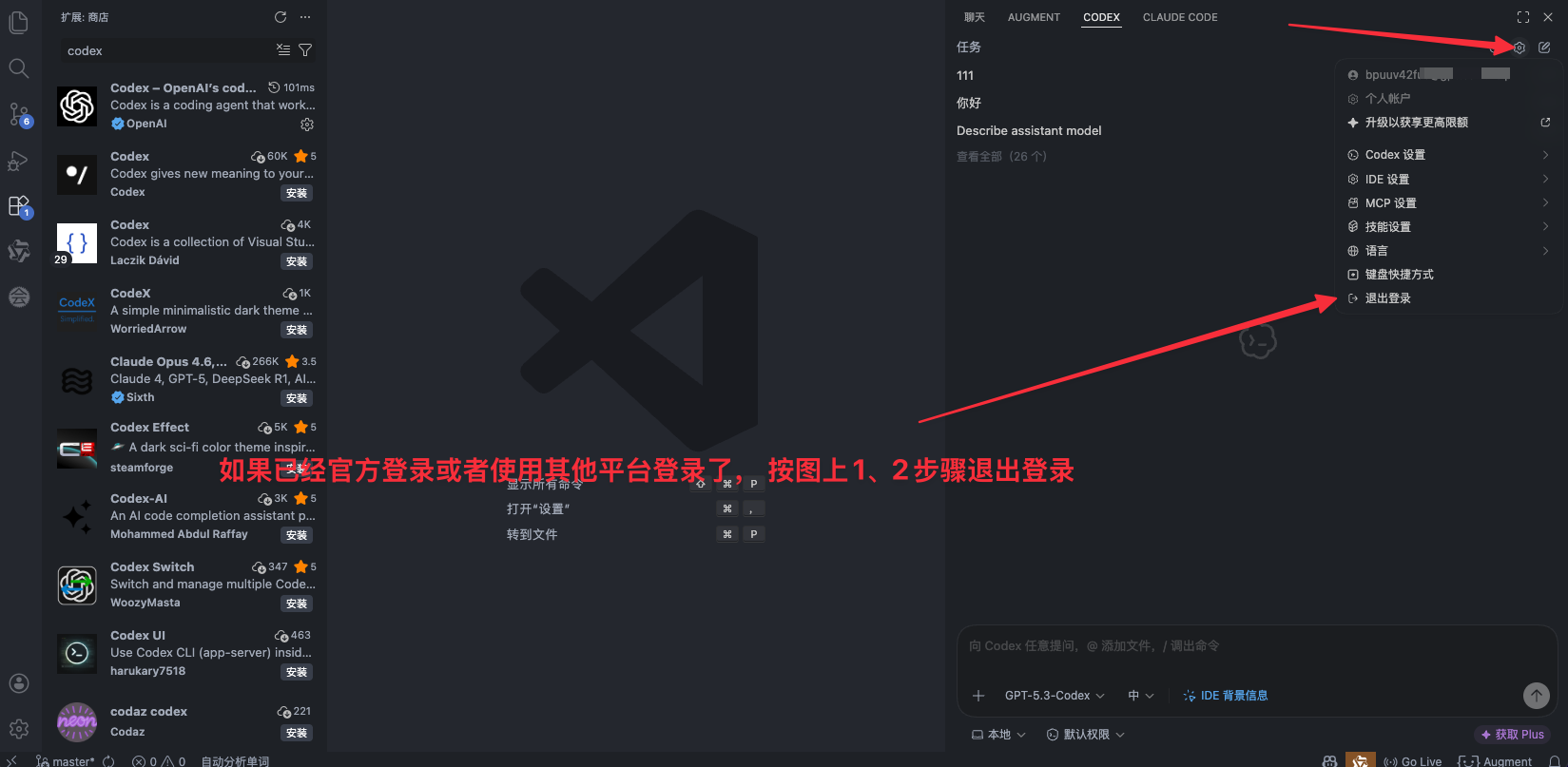 Codex 退出登录提示截图